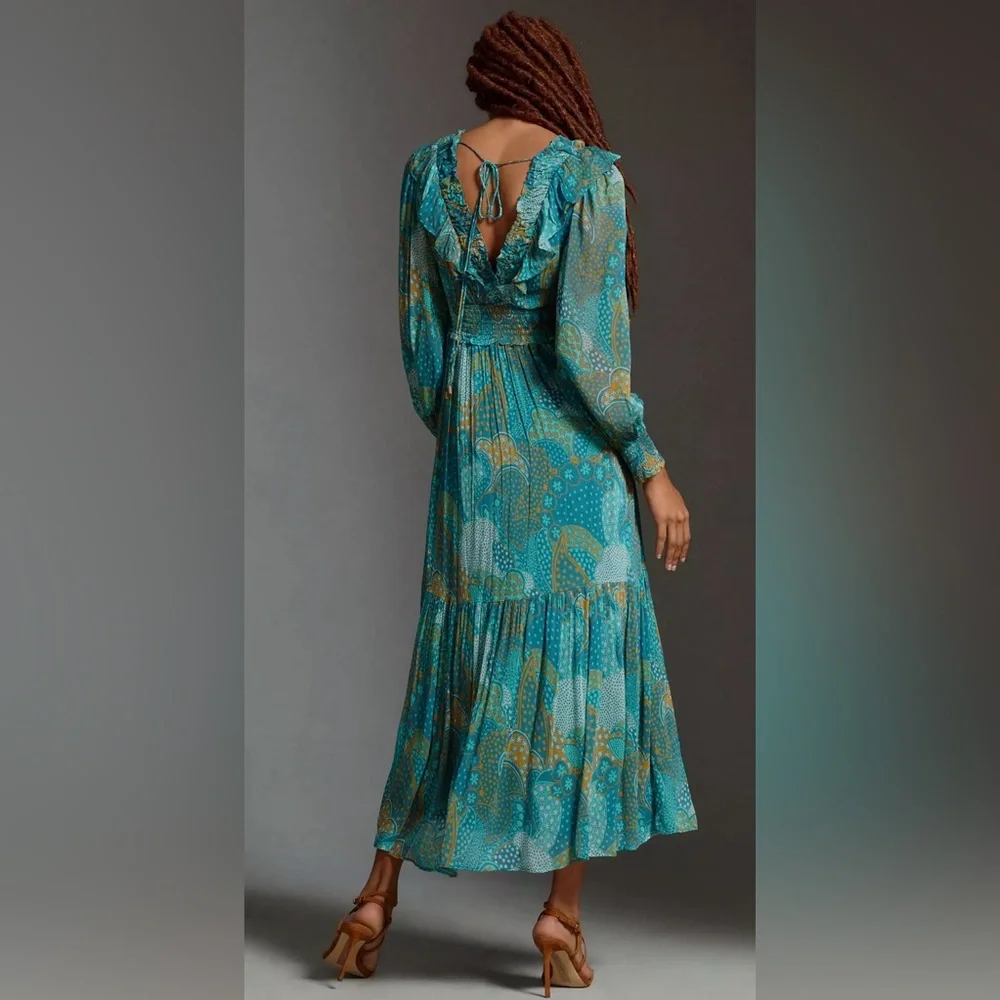 NEW Anthropologie The Odetta Ruffled V-Neck‎ Maxi LS flowy Dress Teal Size  M - Picture 9 of 17